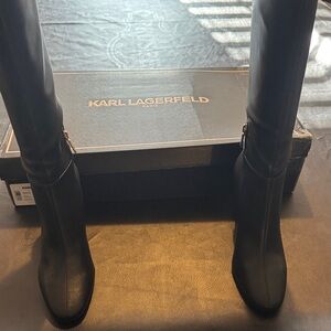 NWT Karl Lagerfeld Black Vasco Faux Leather Knee Heeled Boots Size 9.5